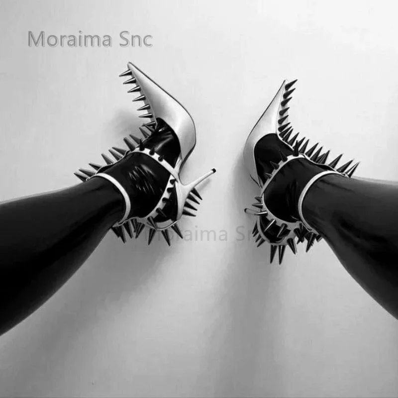 Sexy Black Red Rivet Stiletto Women's Pumps Novelty Runway Show Shoes Pointed Toe Patent Leather High Heels Big Studded Sandals