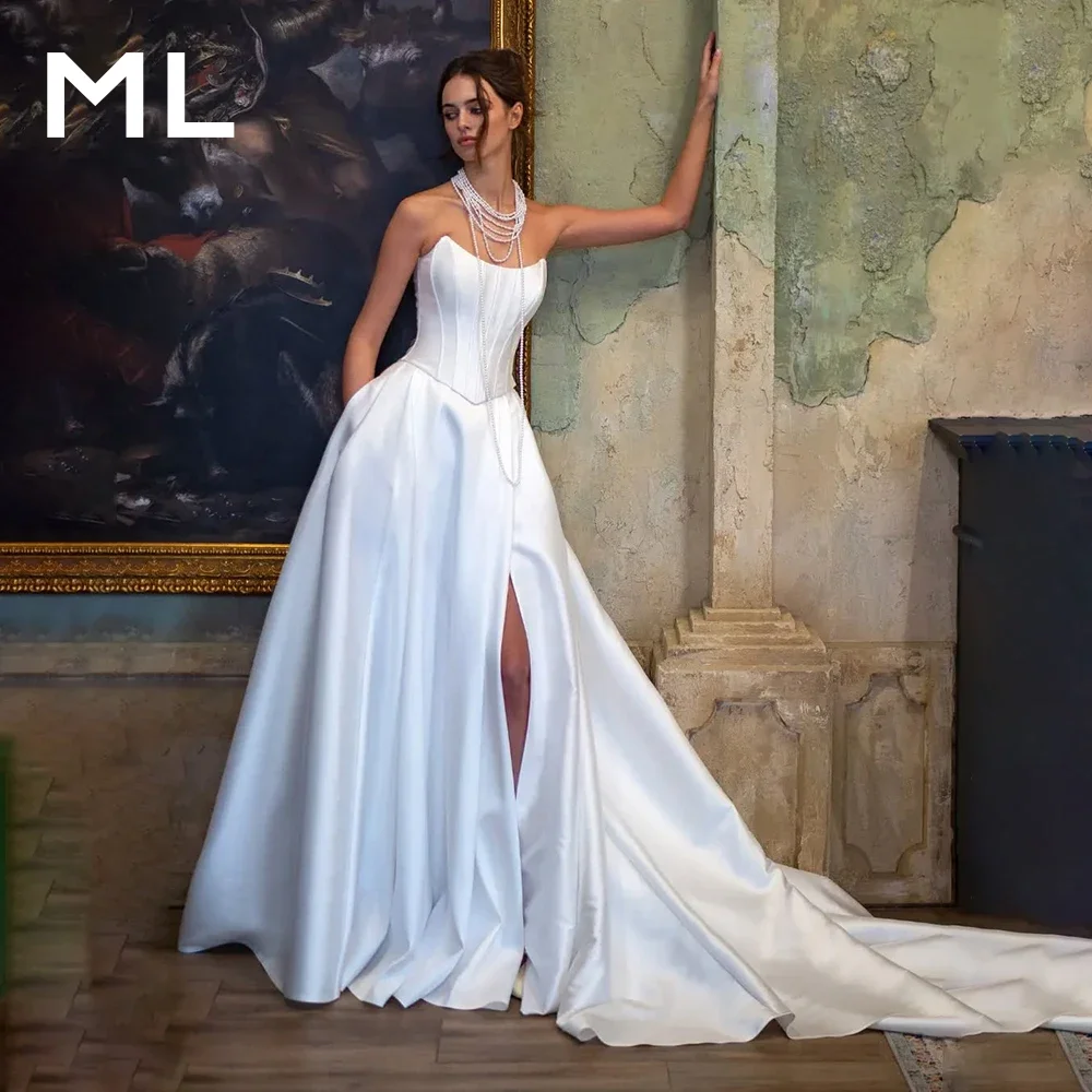 ML Customized Plus Size Satin Strapless A-Line Wedding Dress Backless Corset Evening Gown for Women New Arrivals Bridal Dresses