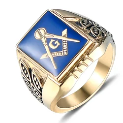 Classic Blue Masonic Ring Stainless Steel Freemasonry Compass Mens Jewelry