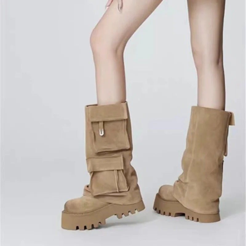 Botas de invierno para mujer, botas marrones, suela gruesa, botas de pantalón con bolsillo retro, zapatos de moda para mujer