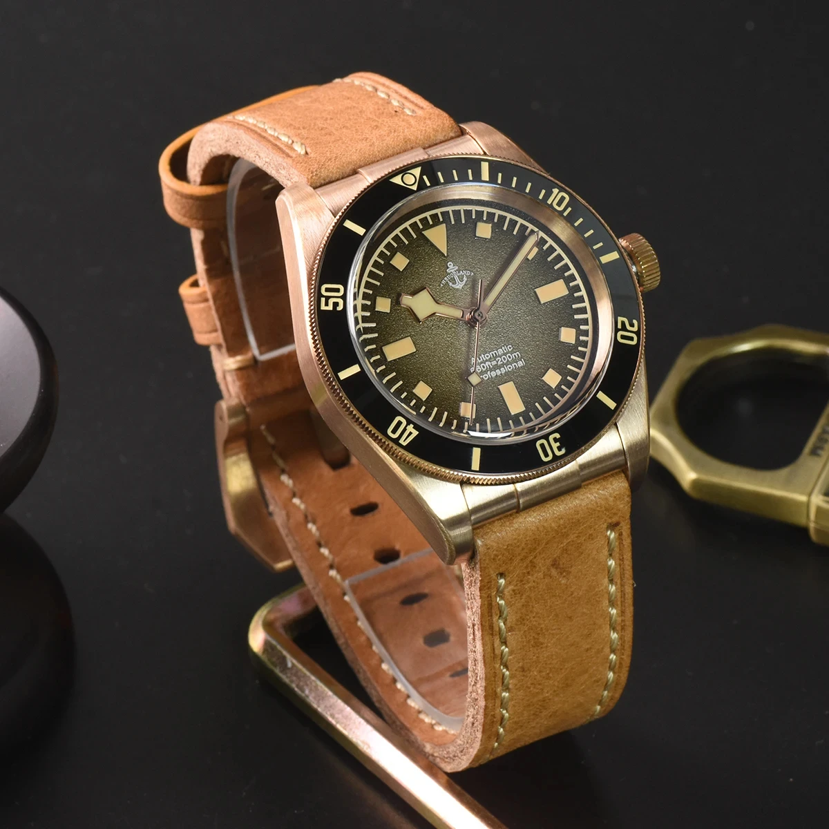 Hruodland Luxury Fashion Bronze Automatic Mechanical Men's Wristwatch PT5000 Sapphire Leather Diver Luminous reloj hombre watch