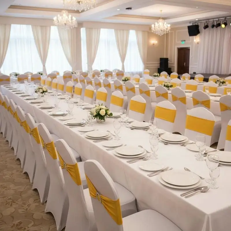 

Elastic Chair Bands 50 PCS For Wedding Holiday Banquet, Stretch Spandex Material Round Buckle Golden Yellow Decoration 50 Count 5x14 Inch