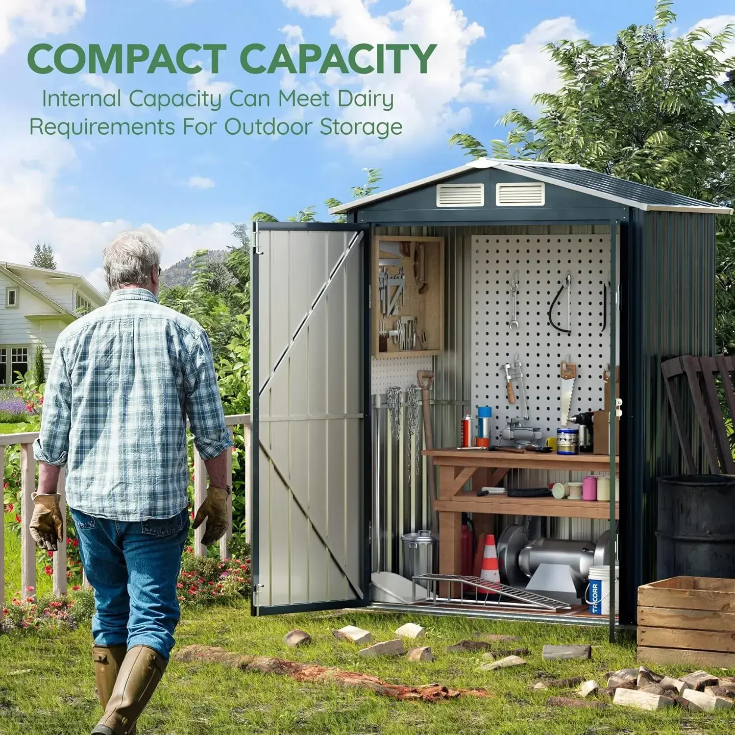 

[XMSJ-Limited Stock, Buy Now!]5x3X6.3FT Outdoor Steel Storage Shed with Lockable Doors and Frame Floor,, Patio Utility and Tool