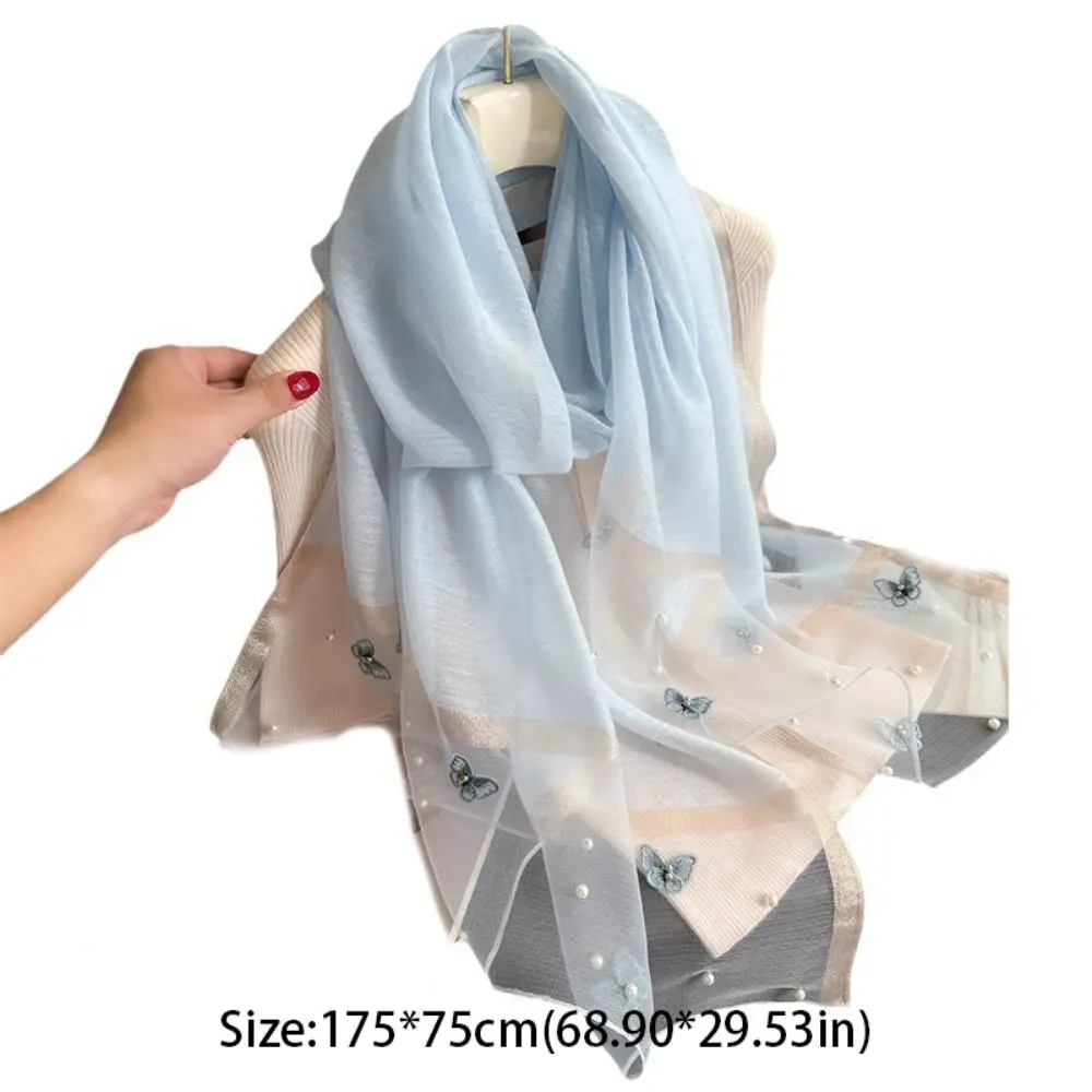 وشاح حريري رقيق أنيق كبير لؤلؤة فراشة التطريز وشاح يلتف الفاخرة النساء الحجاب شالات الإناث