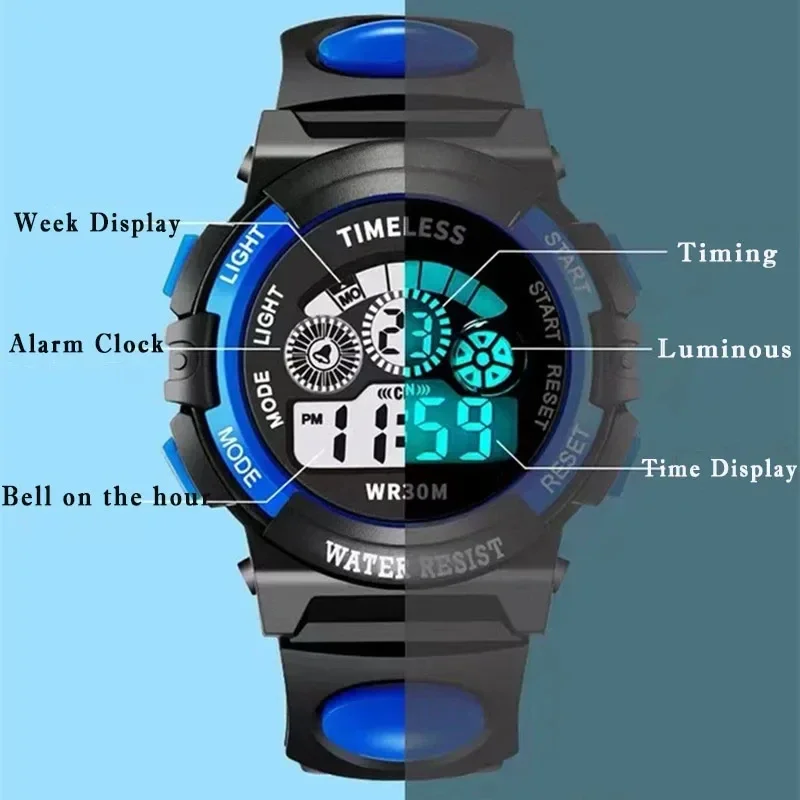 เด็กนาฬิกาอิเล็กทรอนิกส์สี Luminous Dial กันน้ํา MULTI FUNCTION นาฬิกาปลุกส่องสว่างนาฬิกาสําหรับชายและหญิง