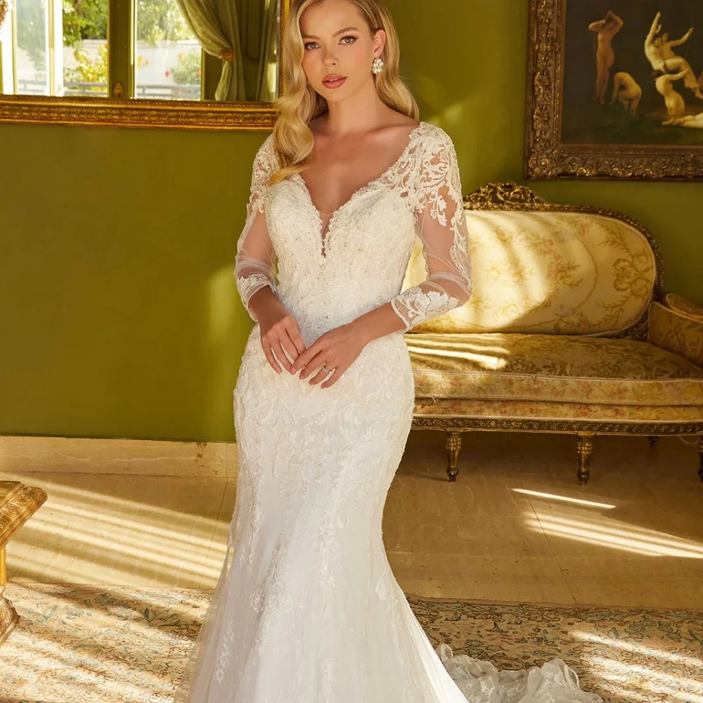 فساتين زفاف مخصصة من الدانتيل حورية البحر فساتين زفاف رائعة على شكل حرف V بدون ظهر مزينة فستان عروس رداء De Mariée