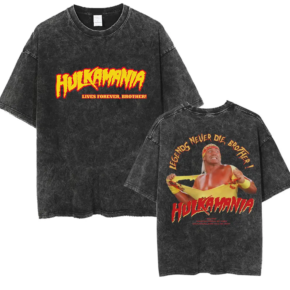 Funny Hulkamania RIP Hulk Hogan Vintage Washed T Shirt Wrestling Athlete Print Short Sleeve T-shirt Men's Fashion Oversized Tees