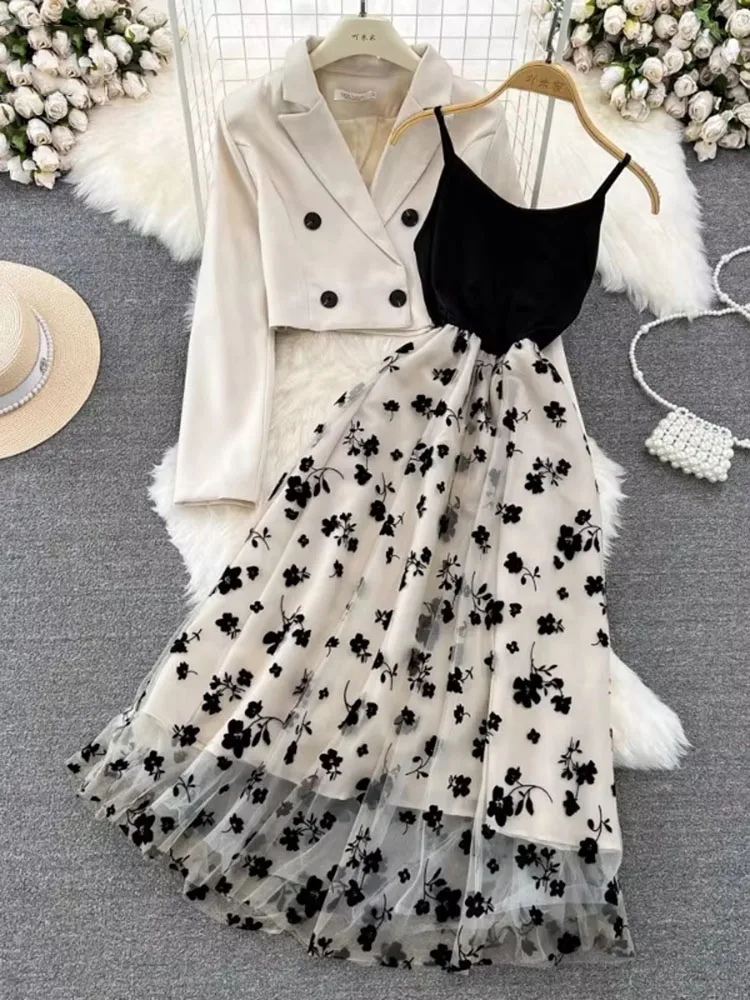 Y2k Grunge Long Sleeve Blazer Women + Slim Waist Mid-length A-line Strap Dresses 2026 Autumn New Two Piece Sets