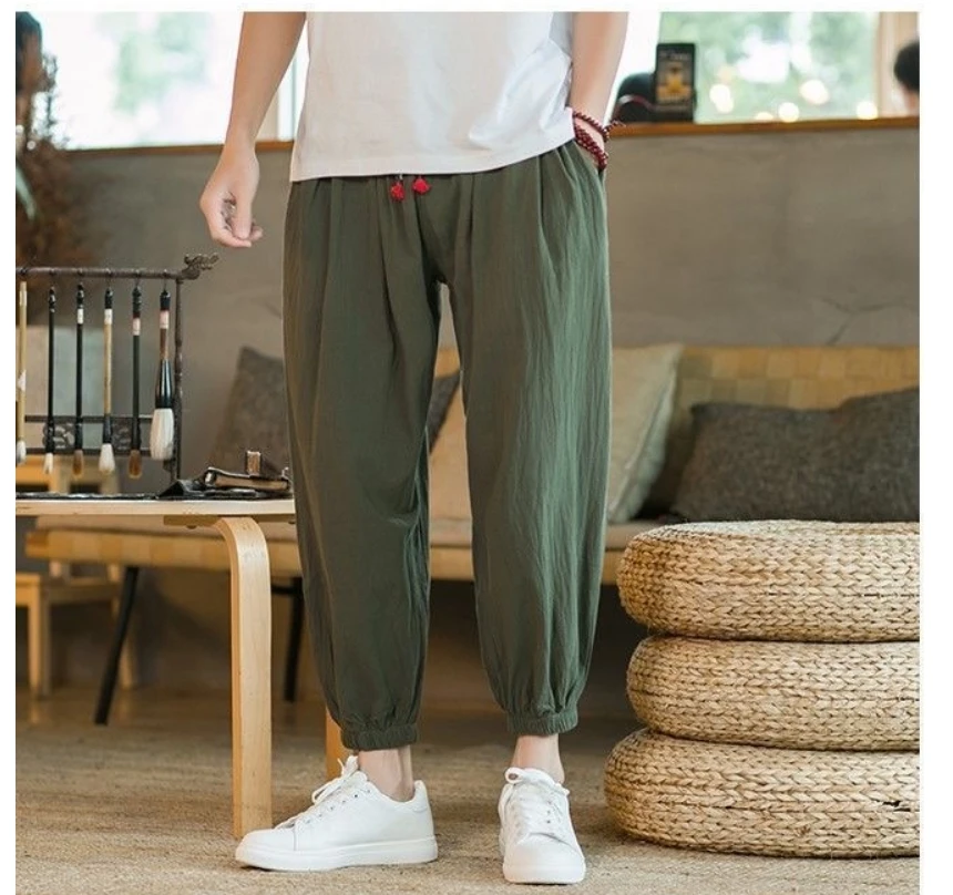 Spring and autumn men's fashion Haren pants bunches leg hanging crotch nine points wide leg pants loose small foot bloomers