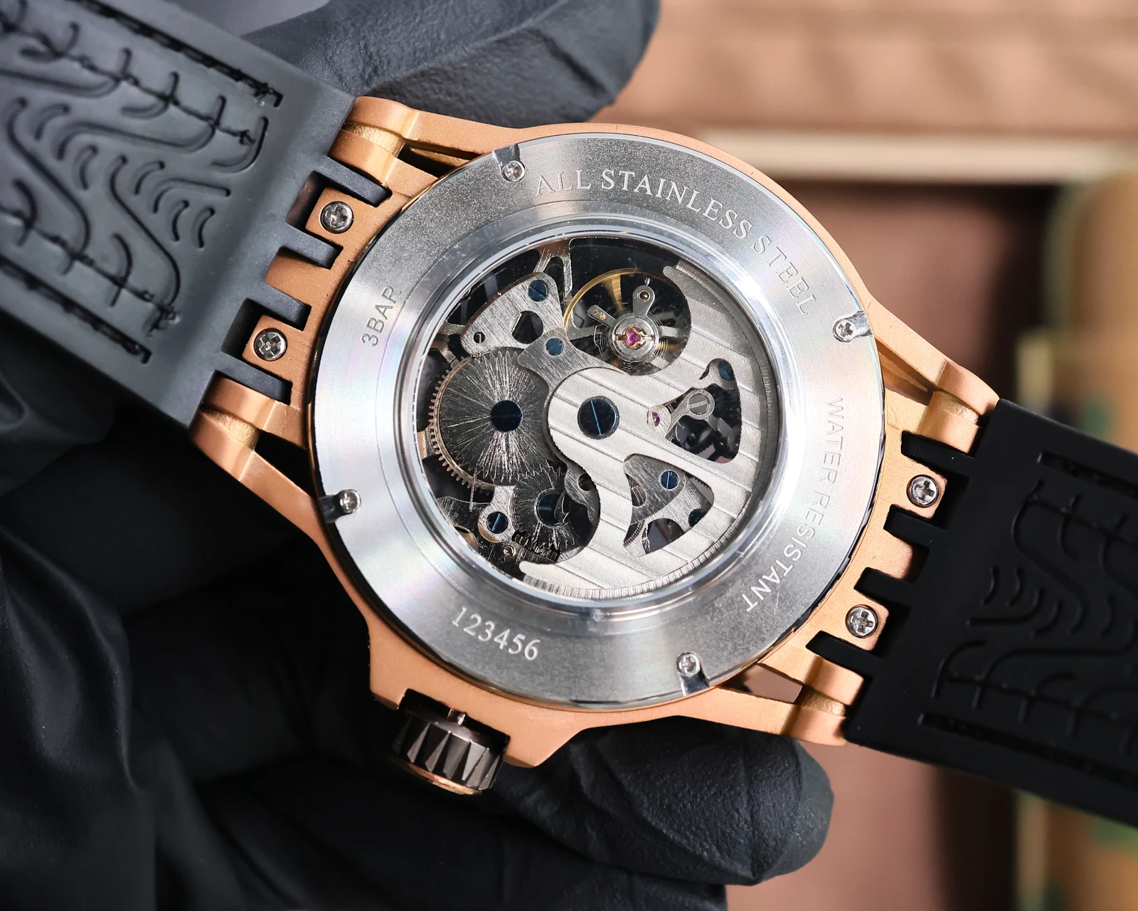 Luxury Watches Hollow-Out Watches for Men Skeleton Dial Automatic Self-Wind Watches Rubber Strap Waterproof Watch