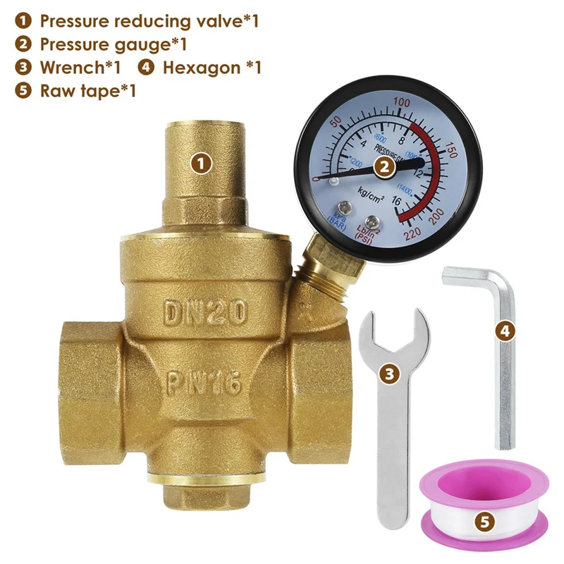 AC88-3/4Inch DN20 Brass Water Pressure Regulator Valve Water Pressure Reducer Regulator Adjustable Relief Valve Gauge