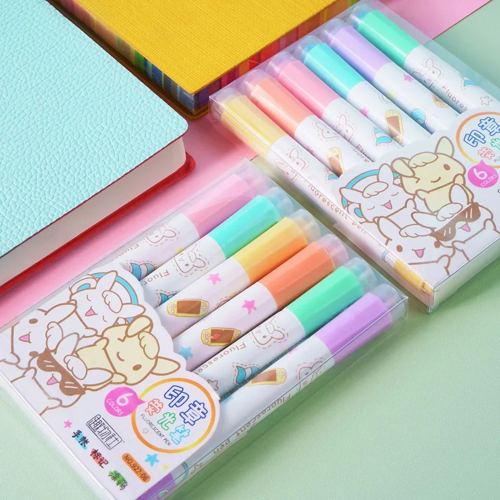 6pcs Stamp Highlighters Set Dual-ended Marker Pens with Seals for Journaling Planner DIY Craft Supplies Cute Stationery Gift