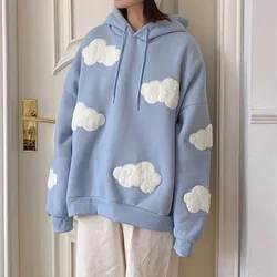 Céu azul nuvens brancas macio elegante com capuz topos feminino outono inverno manga longa casual pulôver 2022 senhora jumper solto moletom