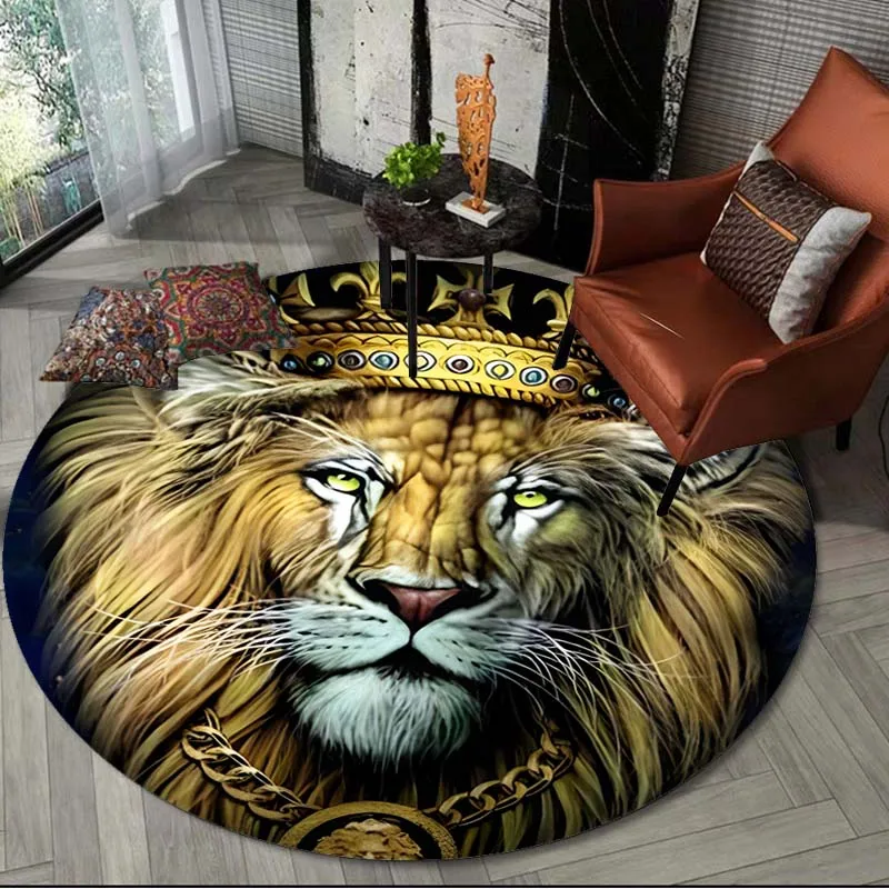 Lion Crown Round Carpet Anti-Slip Round Area Rugs Bedroom Chair Mats Ferocious Animals Home Decor Rug Animal Pattern Round Rugs