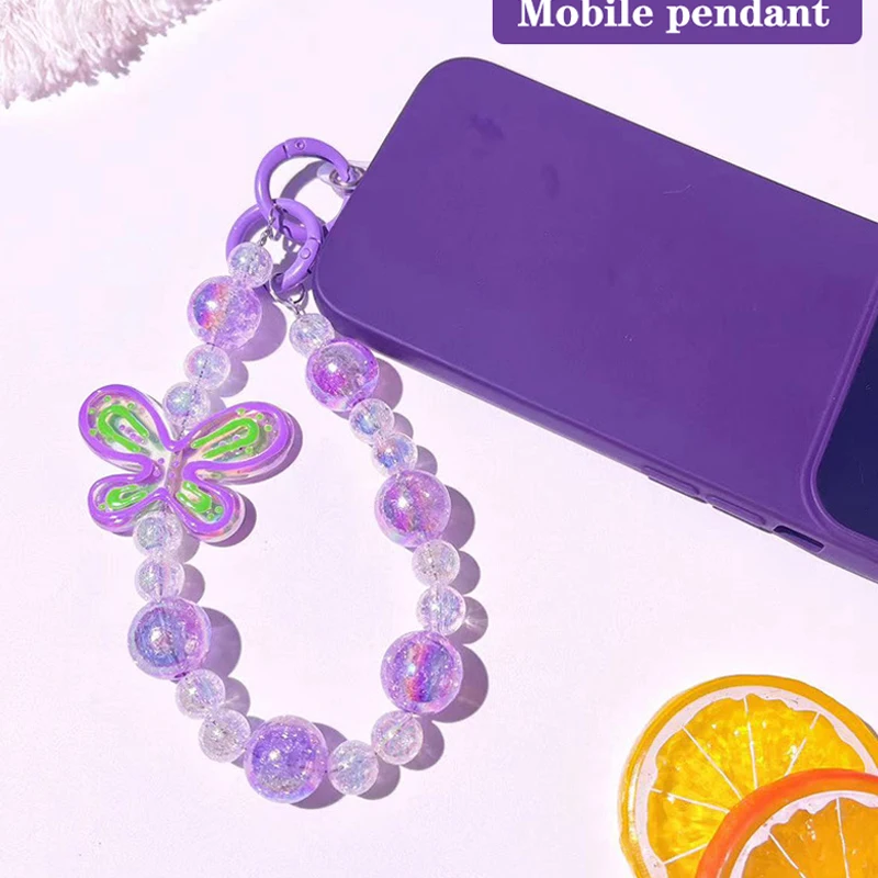 1szt Candy Color Beading Butterfly Mobile Chain Phone Lanyard Pendant Ornaments Key Chain Schoolbag Accessory DIY Bag Charm Decor