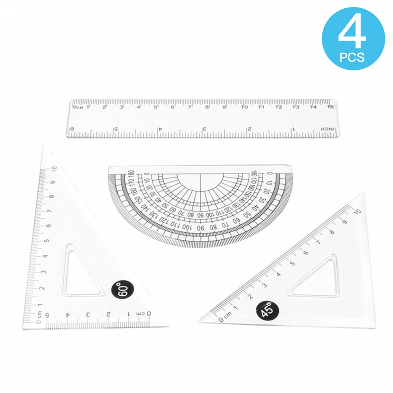 4PCS Clear Plastic Math Geometry Tool Ruler Set Includes 6-Inch Straight Ruler & Triangle Ruler & Protractor for Office School