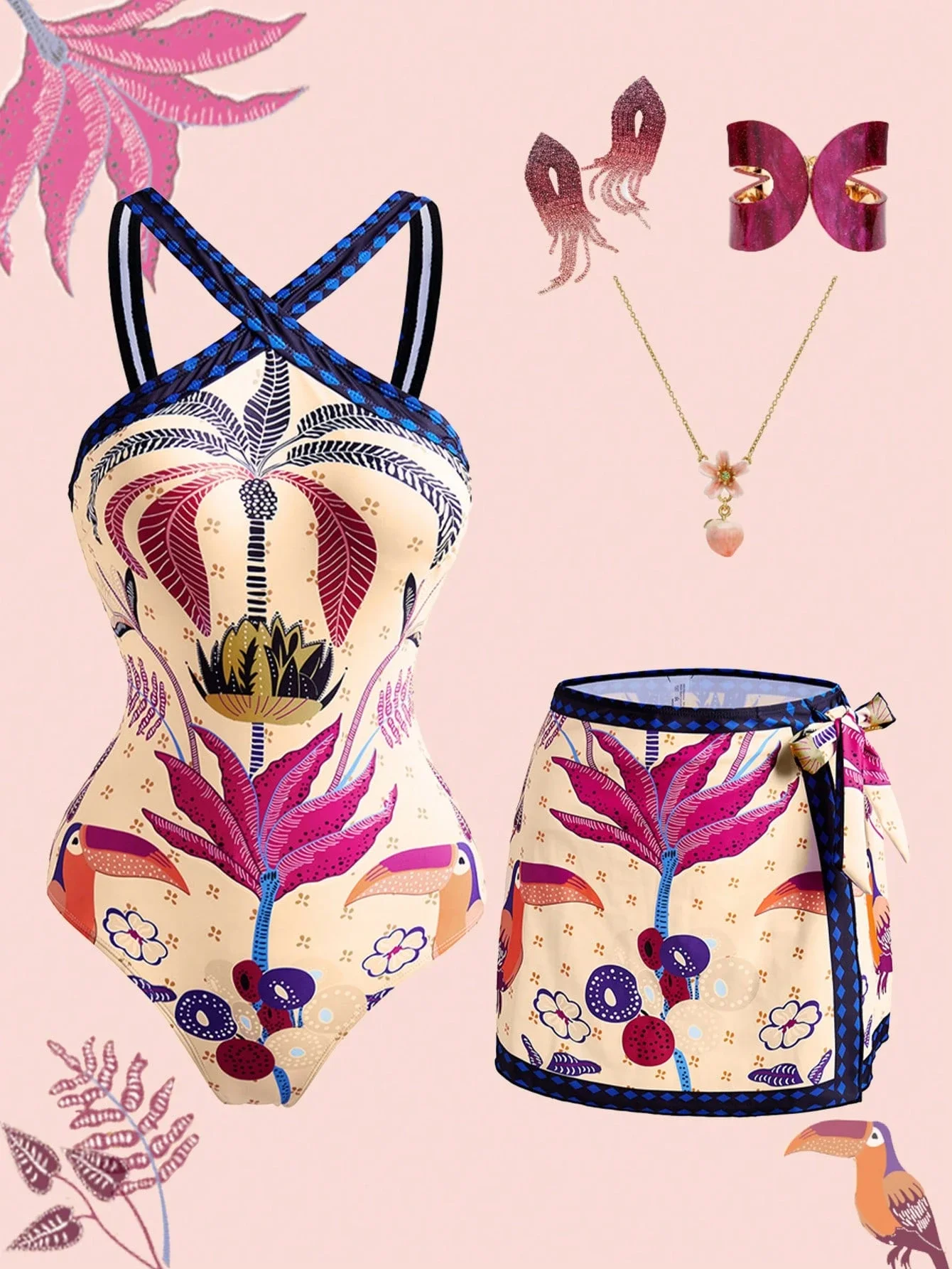 

Женский купальник с тропическим принтом и юбкой, комплект из 2 предметов для пляжа