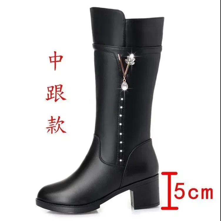 Women\'s Boots Autumn and Winter Wool Warm Thick Heels Fashion New Knee High Boots Leather Round Toe High Heel Women\'s Boots New