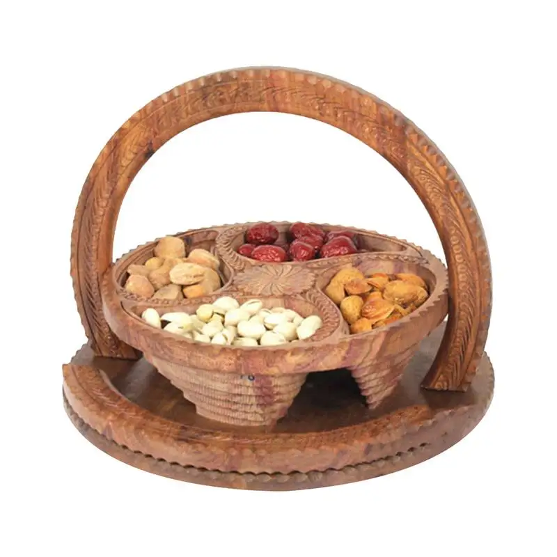 Handmade Wood Carving Fruit Plate 4-Partitions Wooden Foldable Fruit Basket Circular Wooden Fruit Bowl For Candy Fruit Nuts