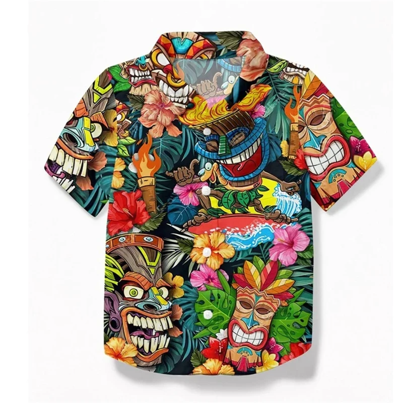 

Tiki Moai 3D Printed Hawaiian Shirts For Men Clothes Vintage Civilization Horror Skull Graphic Blouses Casual Y2k Beach Shirts