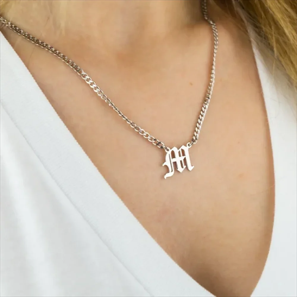 

Personality Letter Necklace Old English A-Z 26 Letter Necklace Stainless Steel Custom Necklace for Women/Men Jewelry Gift