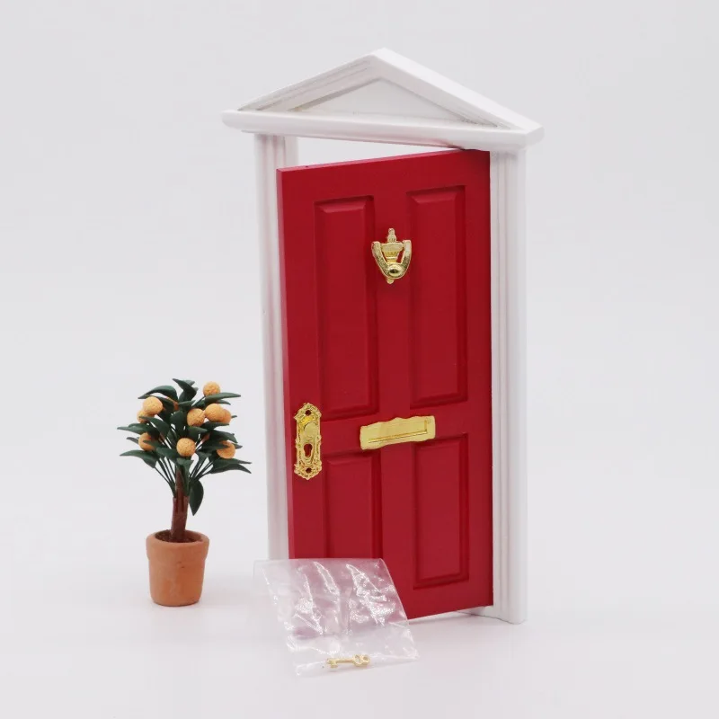 1:12 Dollhouse Miniature Door - Pink Pointed Roof Door DIY Micro Scene Model for Christmas Decoration