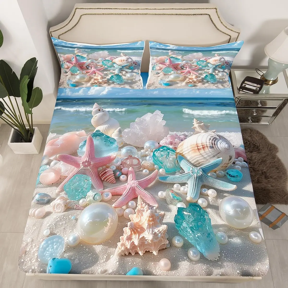 Starfish Pearl Shell Fitted Sheet Coastal Style Bed Sheets Sea Wave Sheet Set for Kids Adult Ocean Theme Beach Deep Pocket Sheet