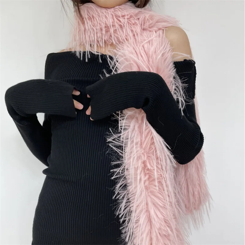Korean Designer Runway Style Thick Scarf Fashionable Plush Long Strip Scarf Women\'s Imitation Mink Fur Y2K Girl Scarf for Warm