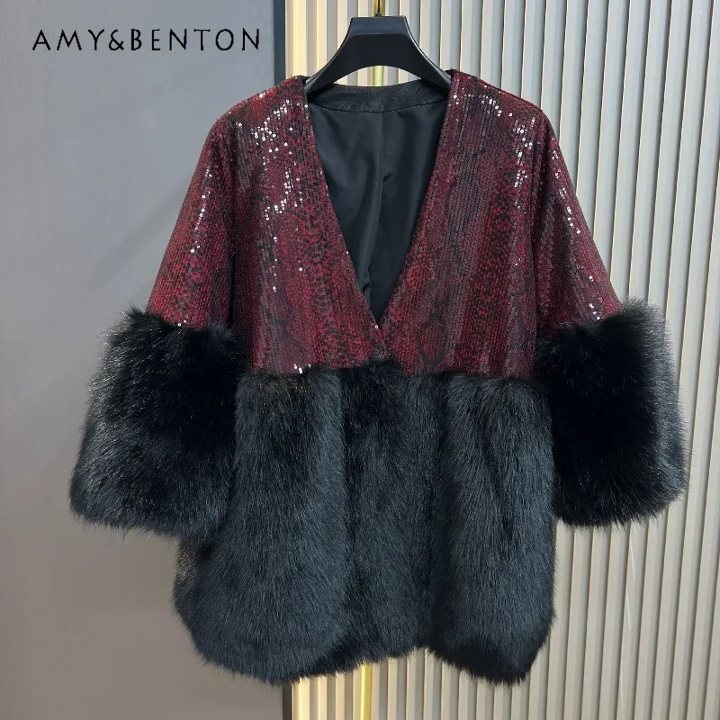 سترة شتوية ناعمة بطبعة الفهد لعام 2025 سترة فروي مرقعة بالترتر موضة فضفاضة Y2k ثلاثة أرباع الأكمام معطف فرو الثعلب الصناعي للنساء