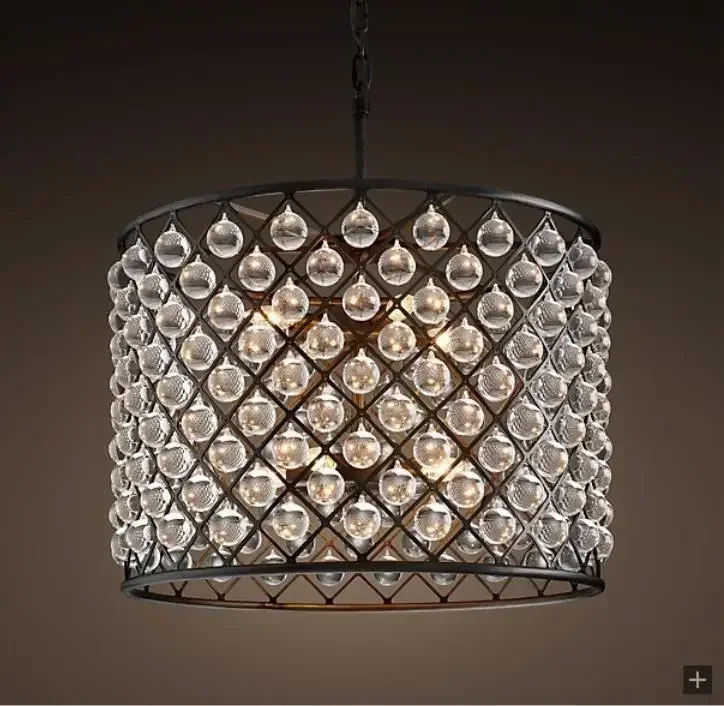 

RYUU 25Y American Rural Retro Industrial Style Circular Crystal Glass Ductile Iron Chandelier
