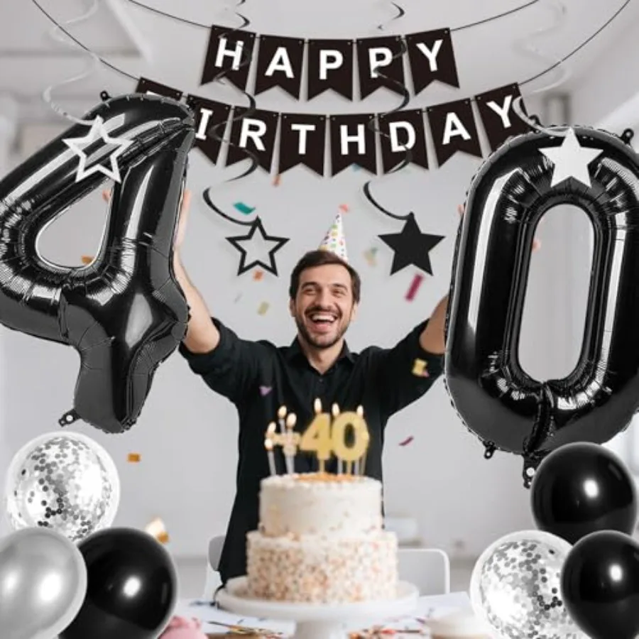 40th زينة عيد الميلاد للرجال النساء أسود فضي 40th عيد ميلاد راية بالونات الدوامات لوازم الحفلات 40 سنة عيد ميلاد P