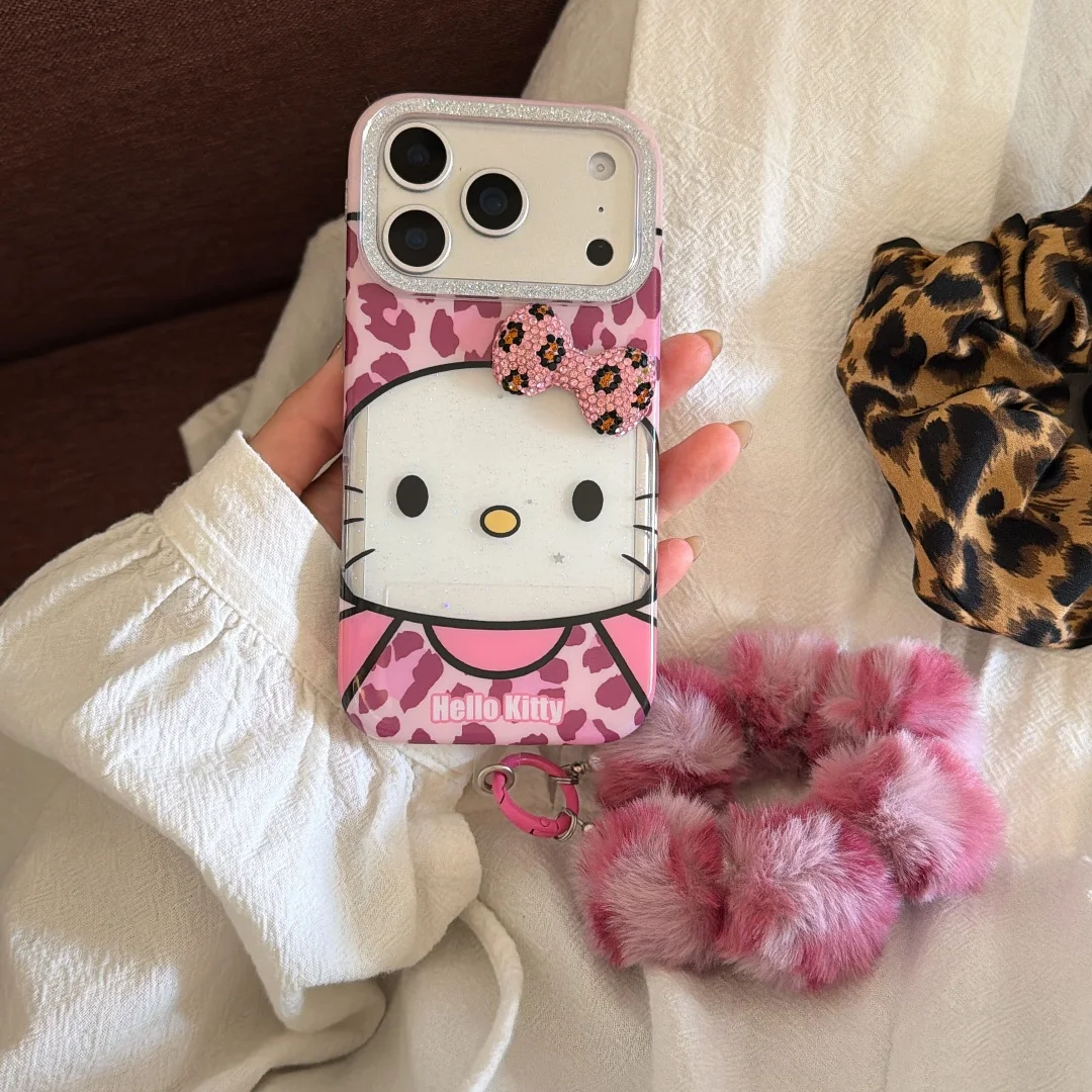 

Pink Leopard Print Phone Case For iPhone 17 Pro Case iPhone 16 15 13 14 Pro Max Plush Strap Chain Shockproof Glitter Cover﻿﻿