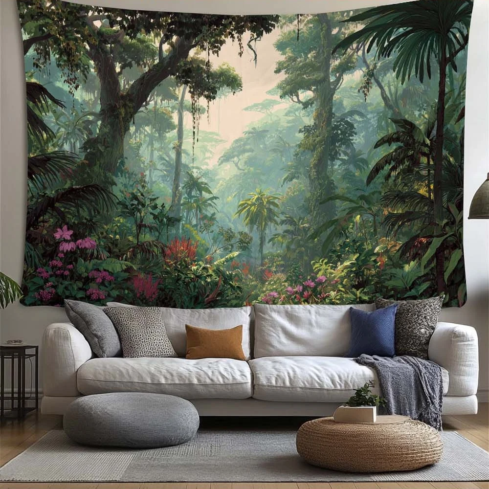 Tapiz gran  1 pieza  selva y bosque - Colgante  pared bohemio psicodélico  jungla con paisaje ver, arte  naturalez