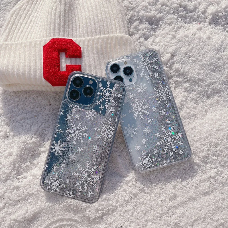 Ins Snowflake Liquid Quicksand Funda For iphone 11 14 15 Pro Max Case 12 13 Soft Cover 6 6S 7 8 Plus Glitter Coque X XR XS Max