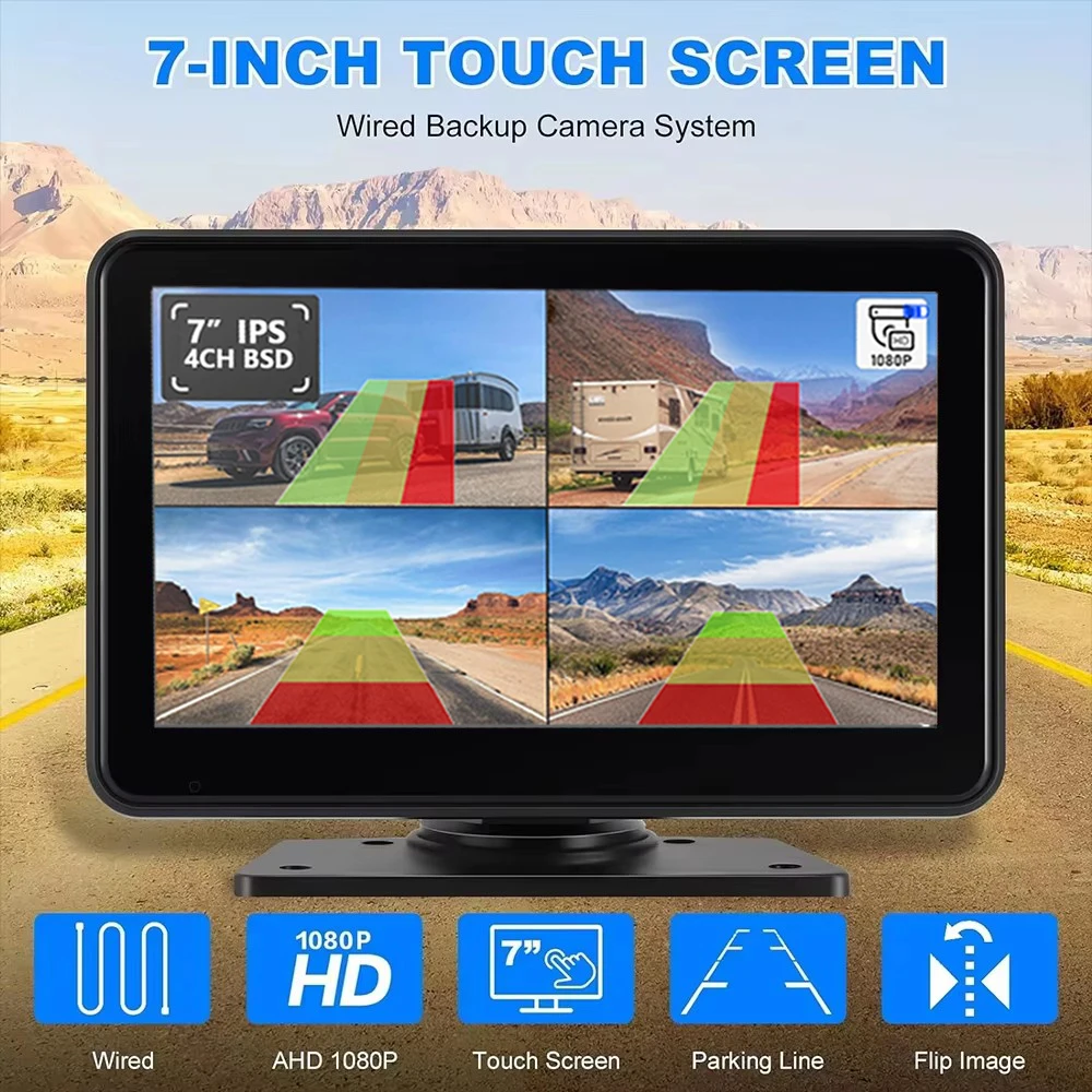 7 Inch Touch Screen PWAS 4ch BSD Ai Detection Monitor 4 AHD 1080P Rear View Cameras 3 LED Light Warning Alarm Kit for Forklift