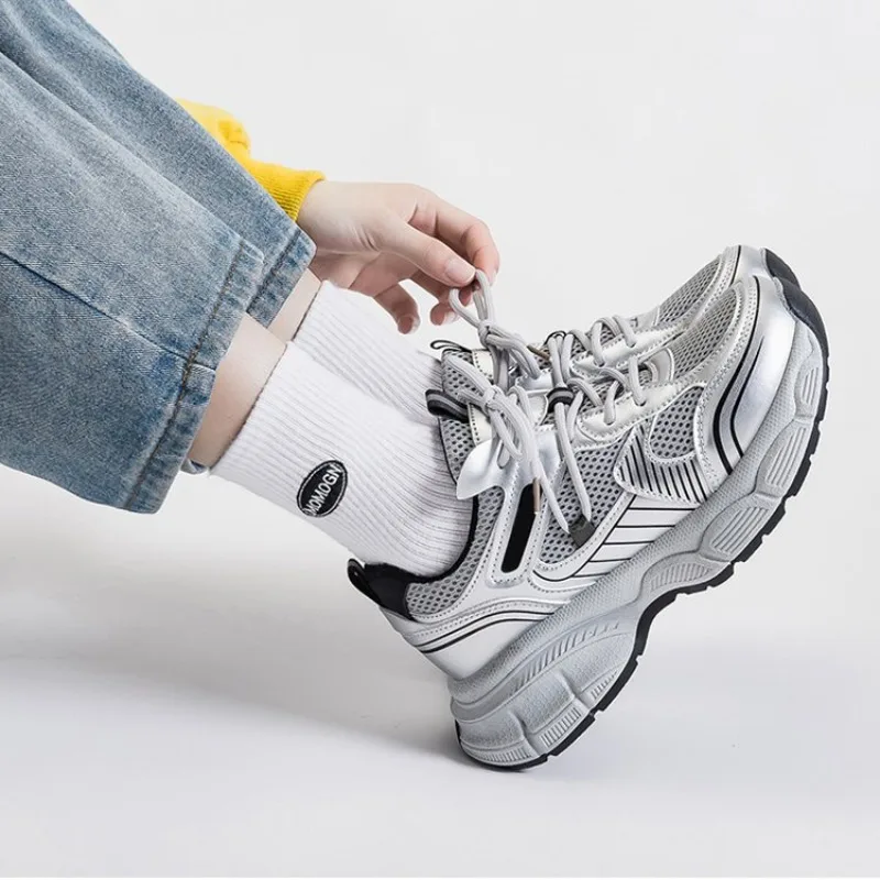 Silver Dad Shoes Unisex Foot Slimming Campus Sports Sneakers Breathable Lightweight Rubber Sole Round Toe Sports Running Shoes image 5