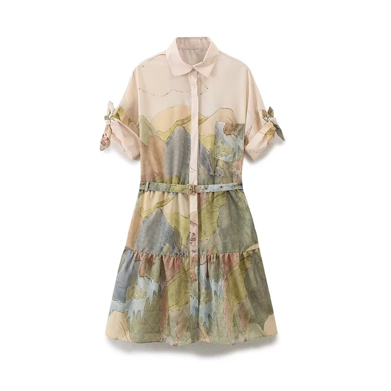 

YENKYE New Women Vintage With Belt Printed Shirt Dress Bow Tie Short Sleeve Lapel Collar Female A-line Mini Summer Dresses