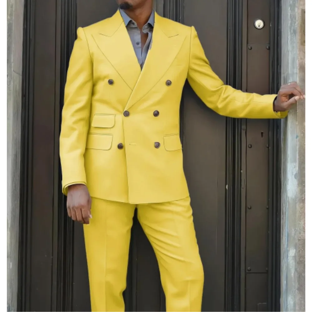 

Slim Fit Men Suits For wedding Double Breasted Peaked Lapel Casual Business Blazer Sets 2 Pieces Jacket Pants Groom Formal Dress