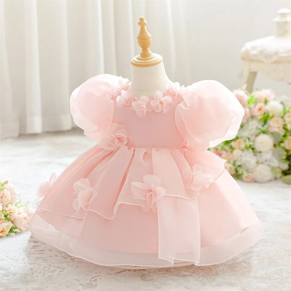 Pink 3D Floral Puff Sleeve Layered Tulle Princess Dress Cute Kids Girls Wedding Birthday Holiday Formal Pageant Costume ASQ03