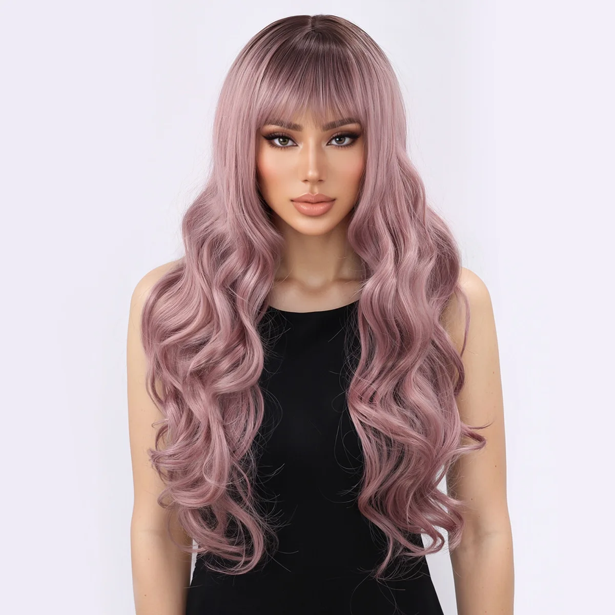 Amazon Cross border European and American Mist Pink Gradient Long Curled Women's Big Wave Wig-Synthetic fiber wig