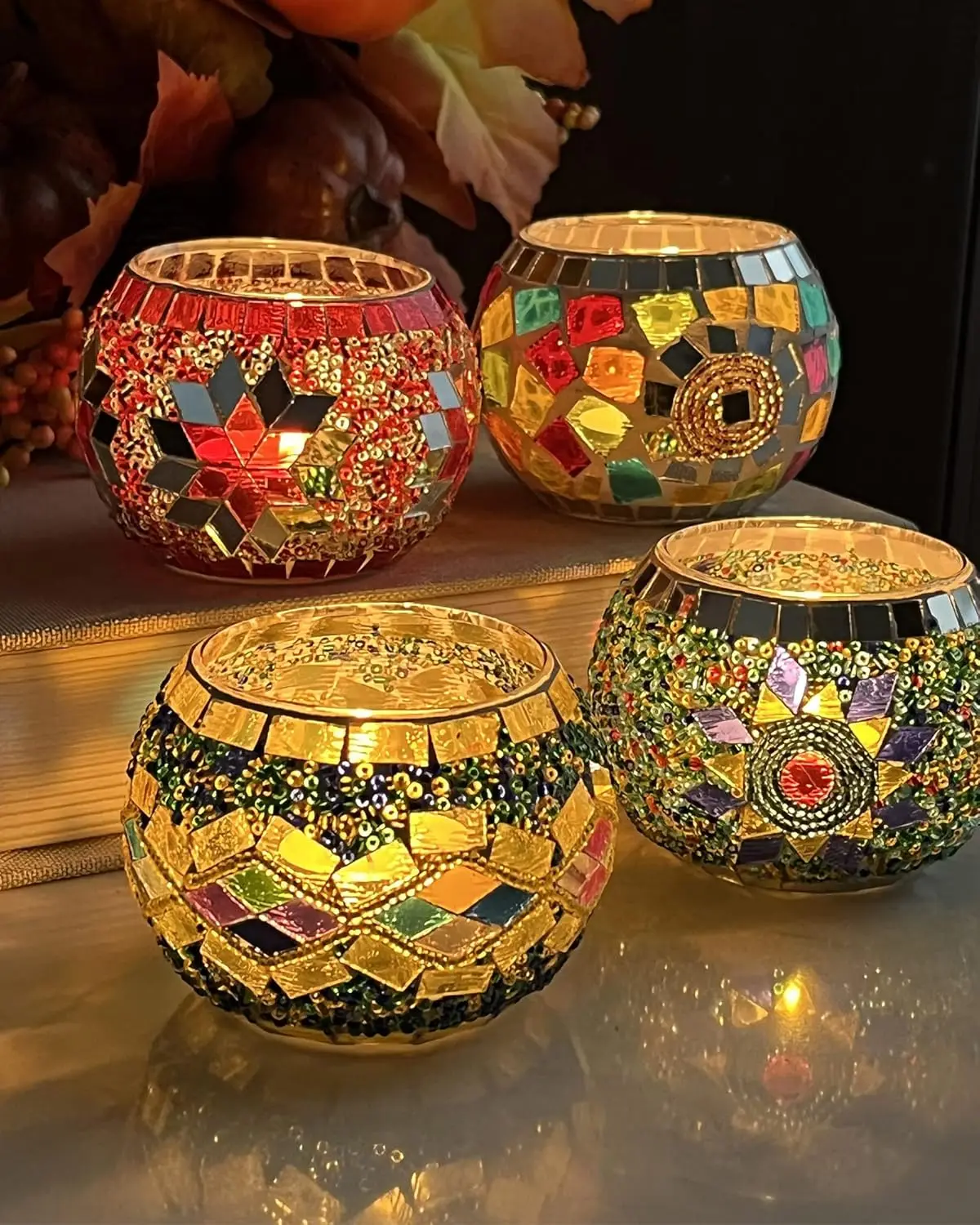 

Handmade Mosaic Glass Candle Holders Set of 4, Tealight Votive for Diwali Christmas Table Decor