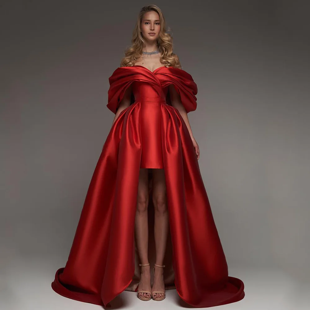 

Элегантное короткое вечернее платье со съемным шлейфом. Платье для выпускного вечера с открытыми плечами и V-образным вырезом.