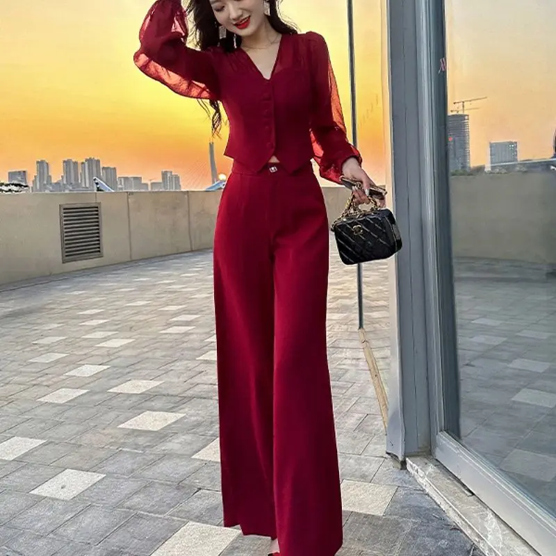 Summer New Solid Color Suit Women V-neck Slim Long Sleeve Lace Patchwork Button Cardigan and Zipper High Waist Wide Leg Trousers