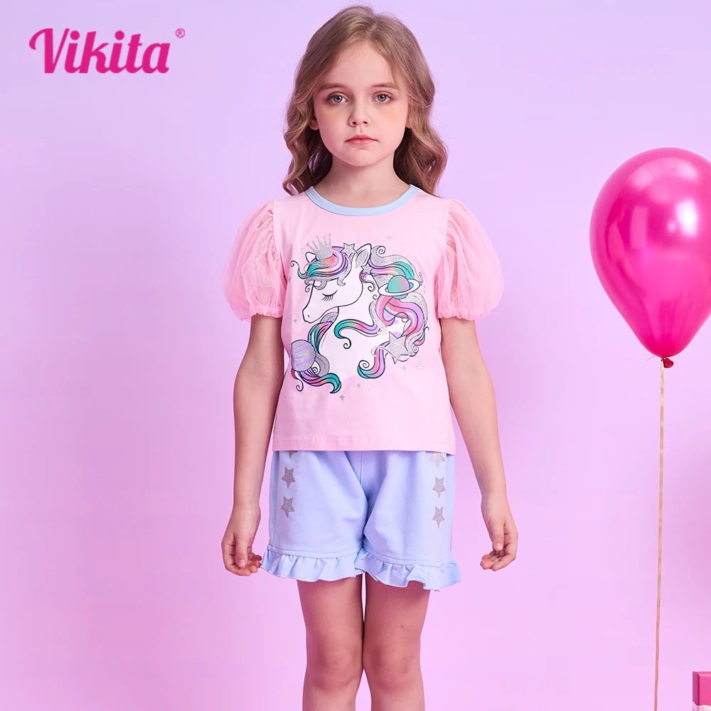 

VIKITA Girls Clothing Sets for Summer Kids Unicorn Cartoon Print Short Sleeve Cotton T Shirt and Ruffles Shorts Pants 2 Pcs Suit