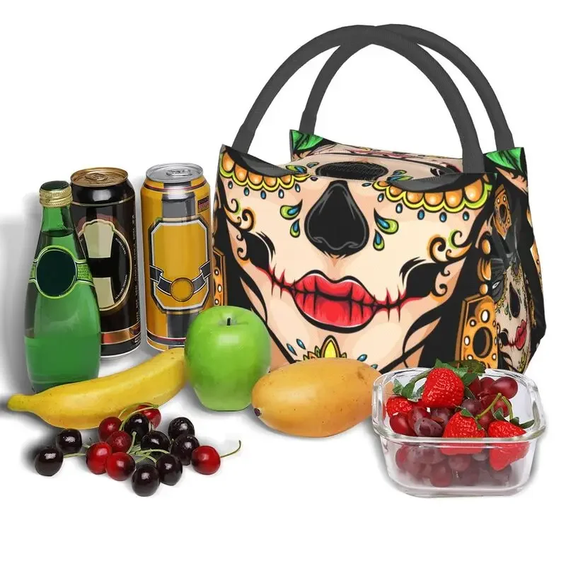 Sugar Skull Mexican Thermal Insulated Lunch Bags Day Of The Dead Portable Lunch Container for Outdoor Camping Meal Food Box