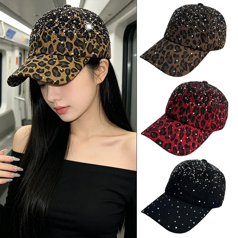 Unisex Visors Rhinestone Leopard Baseball Caps Vintage Sunshade Peaked Baseball Hats Men Women Hiphop Style Outdoor Adjustable
