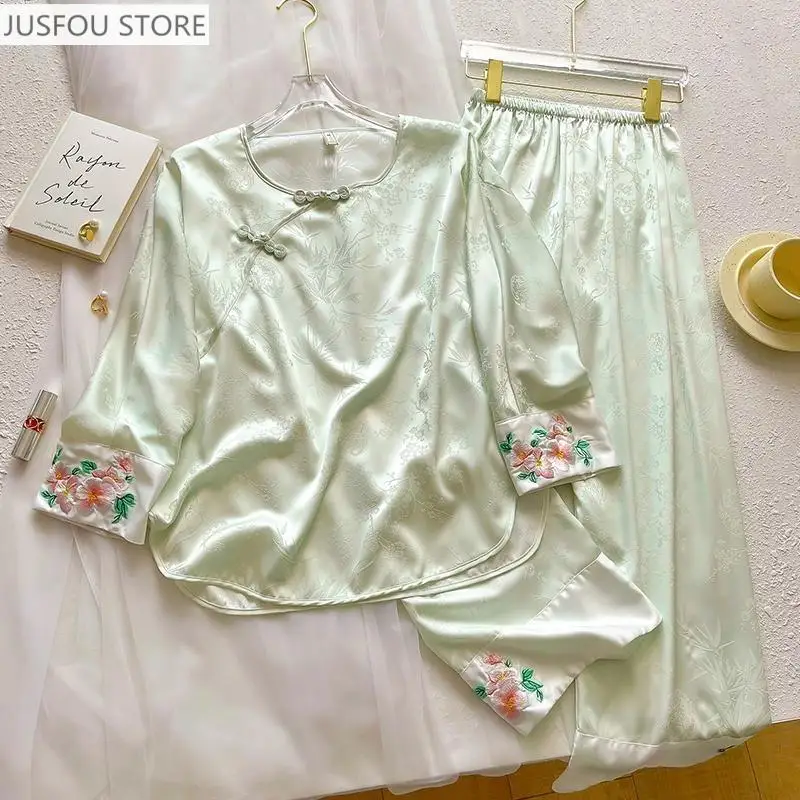 Spring/summer Women's Ice Silk Pajamas, Chinese Style Home Clothes, Flower Embroidered Cuffs and Feet, Retro Jacquard Home Suits