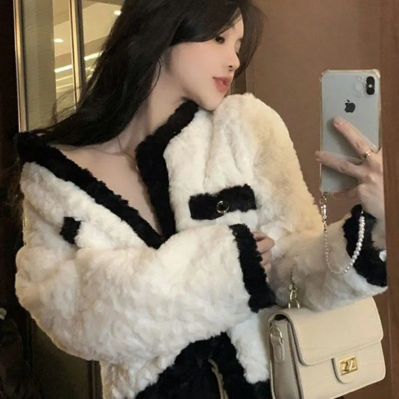 Lamb Fur Black Coat Women Elegant Long Sleeve Fashion Padded Thickened Warm Jacket Chic Office Lady Furry White Female Outwear