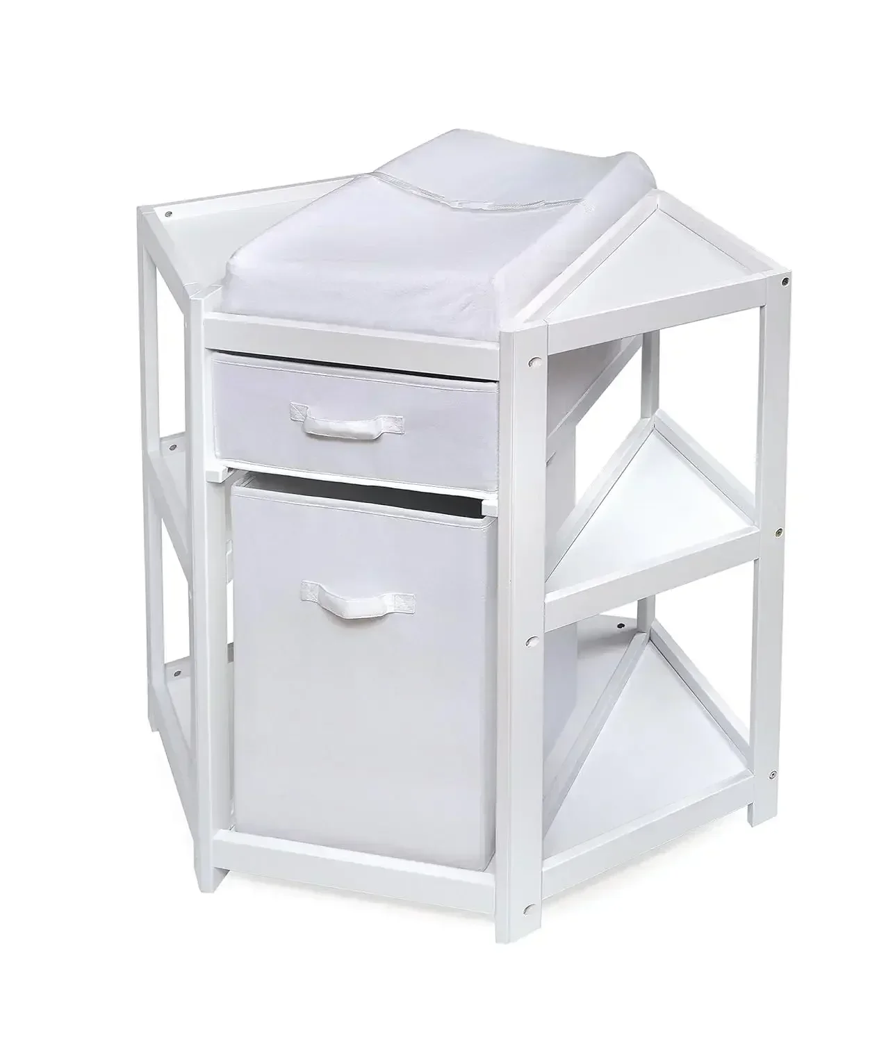 Badger Basket Corner Diaper Changing Table with Laundry Hamper, Storage Bin, and Contoured Pad for Baby - White