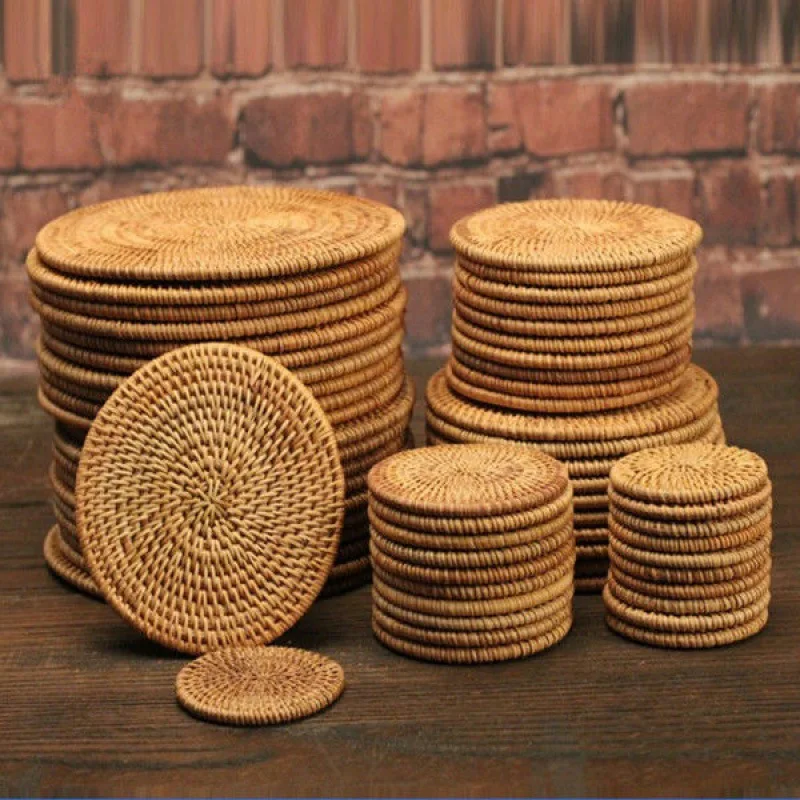 Pure Handmade Autumn Rattan Vietnam Rattan Mat Set Anti-hot Cup Mat Pot Thermal Mat Wooden Storage Kitchen Tea Set Accessories